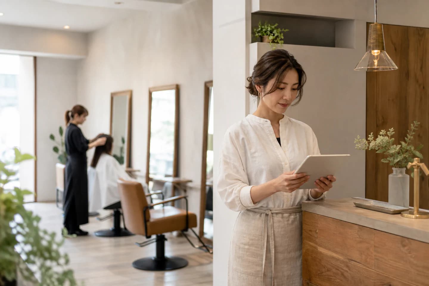 明るいサロンでタブレットを確認するスタッフ