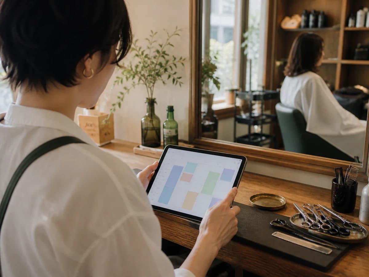 サロンの施術スペースでタブレットの予約表を確認するスタッフ